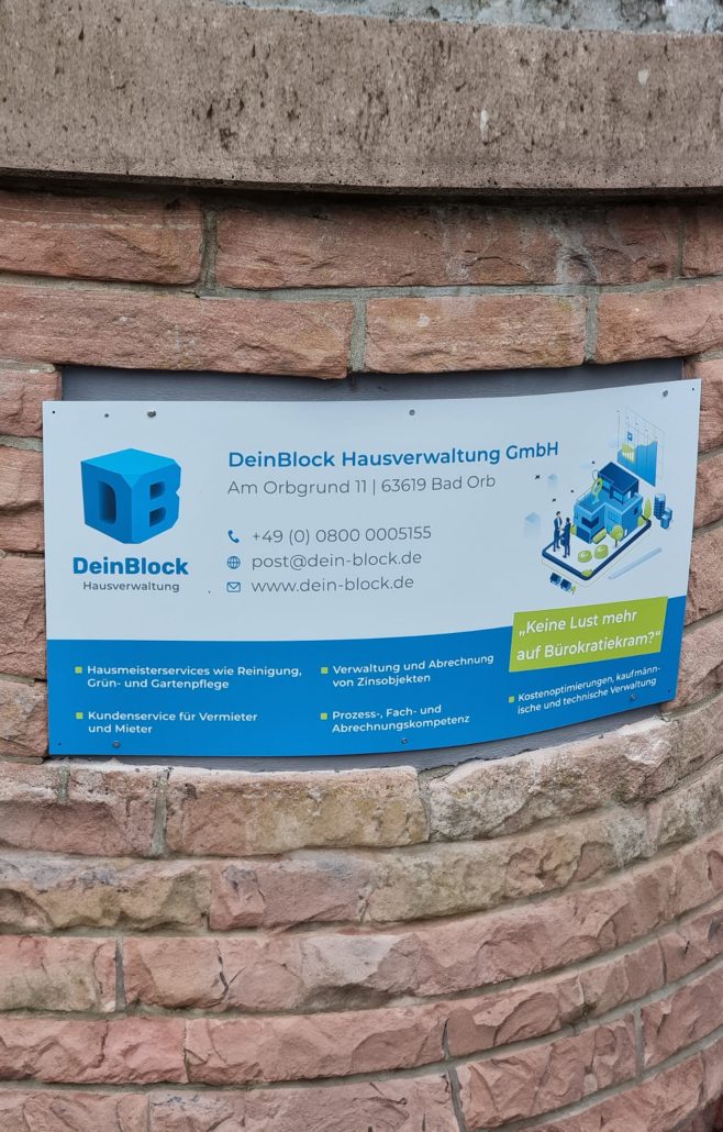 Aluminium Verbundplatte Werbeschild DeinBlock Hausverwaltung Bad Orb